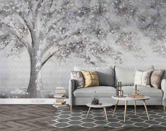 Tree Plant Wall Mural – Hand Drawn Wallpaper, Peel and Stick