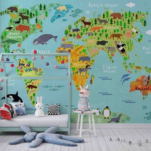 3D Cartoon World Map Animal Plants Kids Wallpaper Removable Wallpaper-Peel and stick Wall Mural, Playroom Wallpaper Wall decor,r