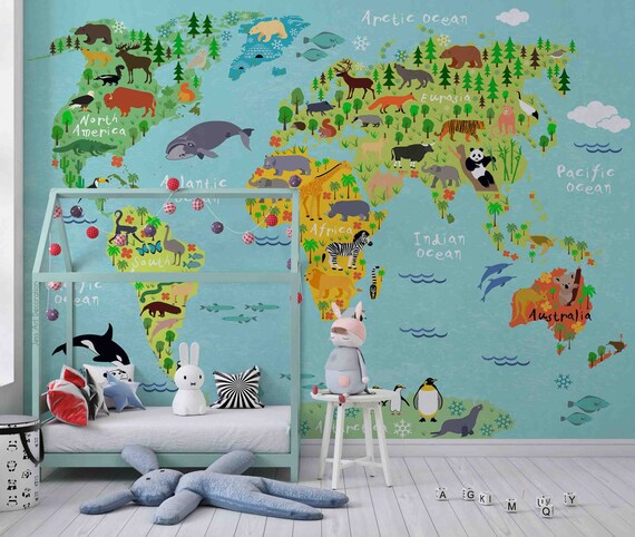 3d Carton Animal World Map Wallpaper Mural For Kids Room Photo