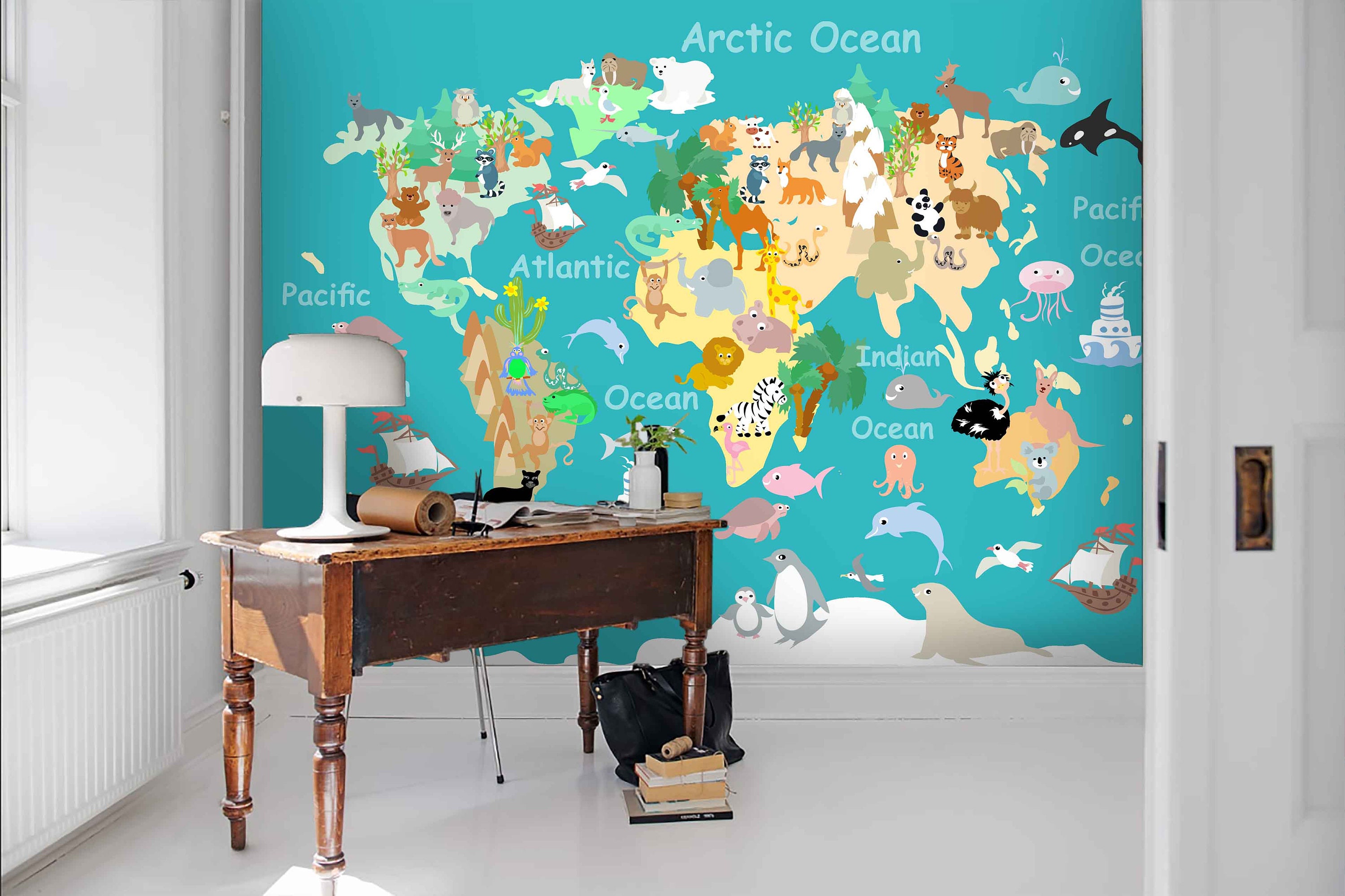 3D World Map Wallpaper Animal Wall Mural Cartoon Wall Decor Etsy