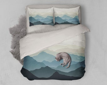 3D Landscape Duvet Covers Set, Silhouette Quilt Cover, Blue Bedding Set, Mountain Doona Cover, Misty Queen Bedding, Simple King Bedding