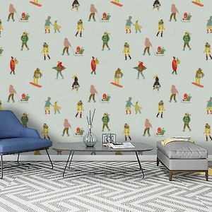 3D sport behang, skiën muur muurschildering, cartoon muur decor, kunst aan de muur kinderen, Peel en Stick, verwisselbaar behang, muur sticker