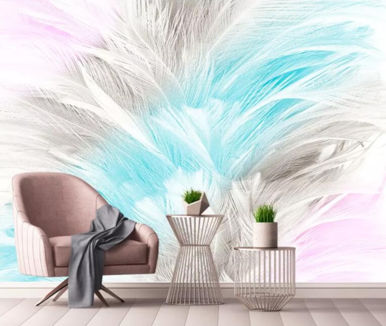 Wall Mural,Vintage art,Peel and Stick Removable Self Adhesive Wallpaper 3D Abstract Soft Watercolor Feather Wallpaper