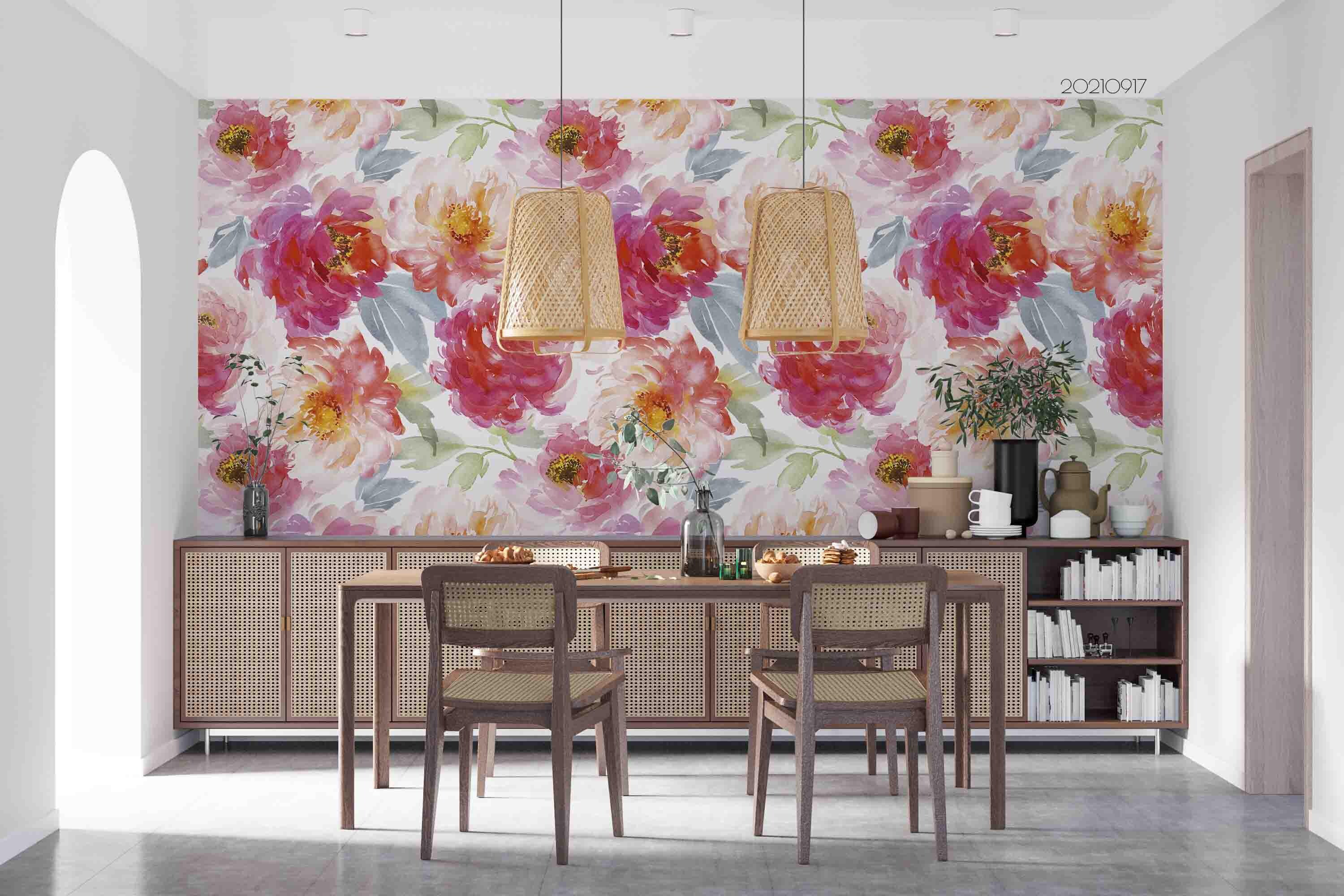 Red Floral Watercolor Wallpaper Mural - Peel and Stick Wall Art - Etsy