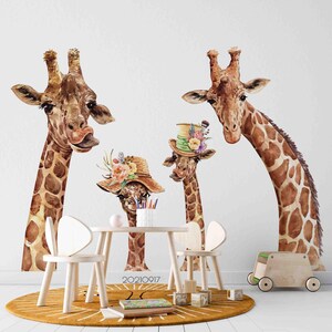 動物壁画 – 3Dキリンファミリー壁紙、剥がして貼る壁紙、リビングルーム、寝室、オフィス用のウォールアート