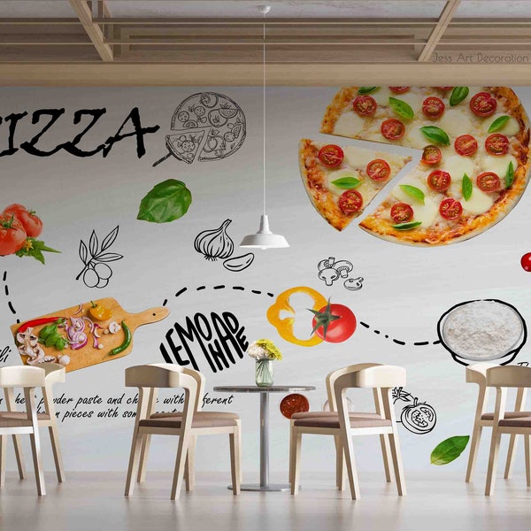 3D Pizza Wallpaper, Vegetables Wall Mural, Fast Food Wall Decor, Restaurant Wall Art, Peel and Stick, Removable Wallpaper, Wall Sticker