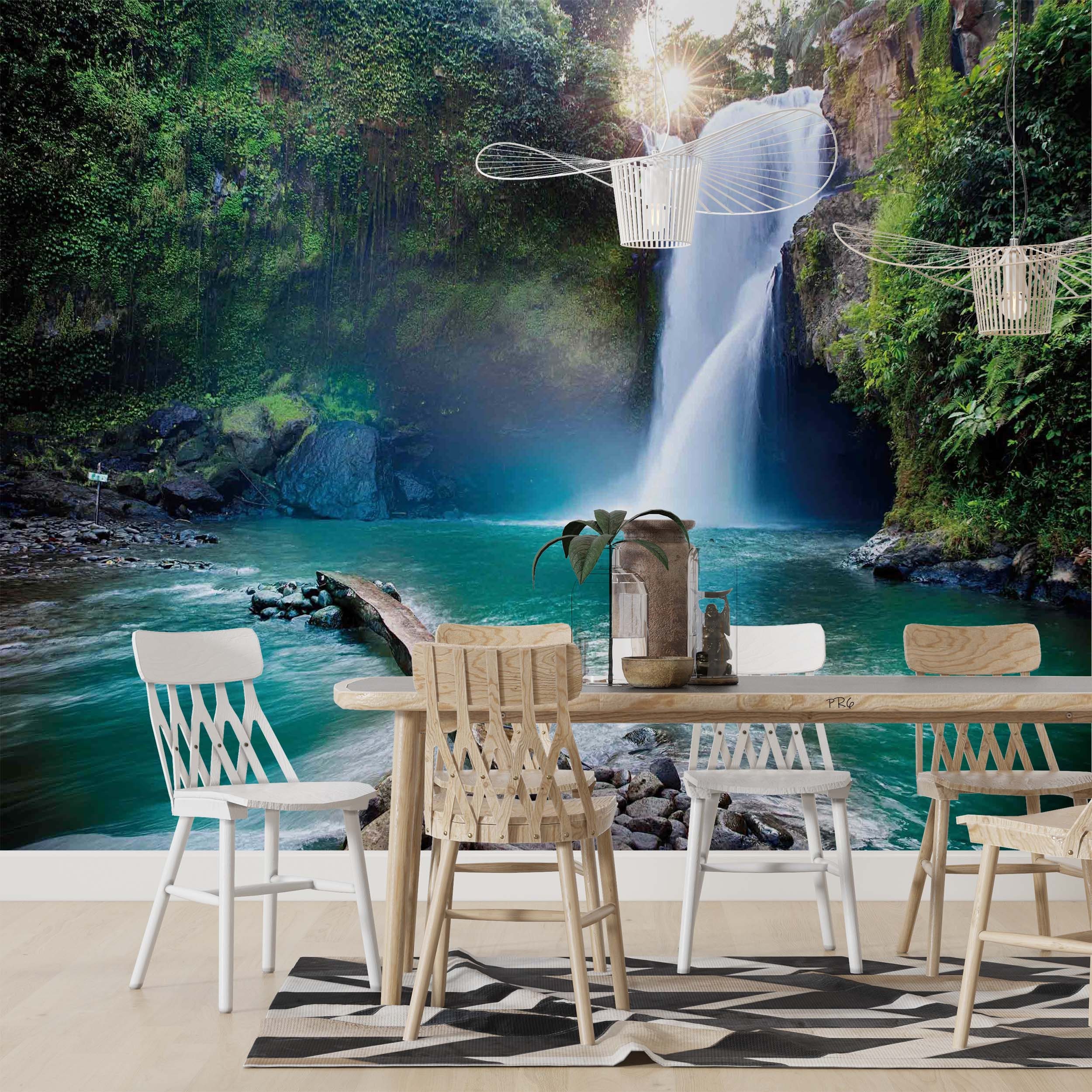 Green Forest Waterfall Wallpaper Mural, Peel and Stick Removable Wall ...