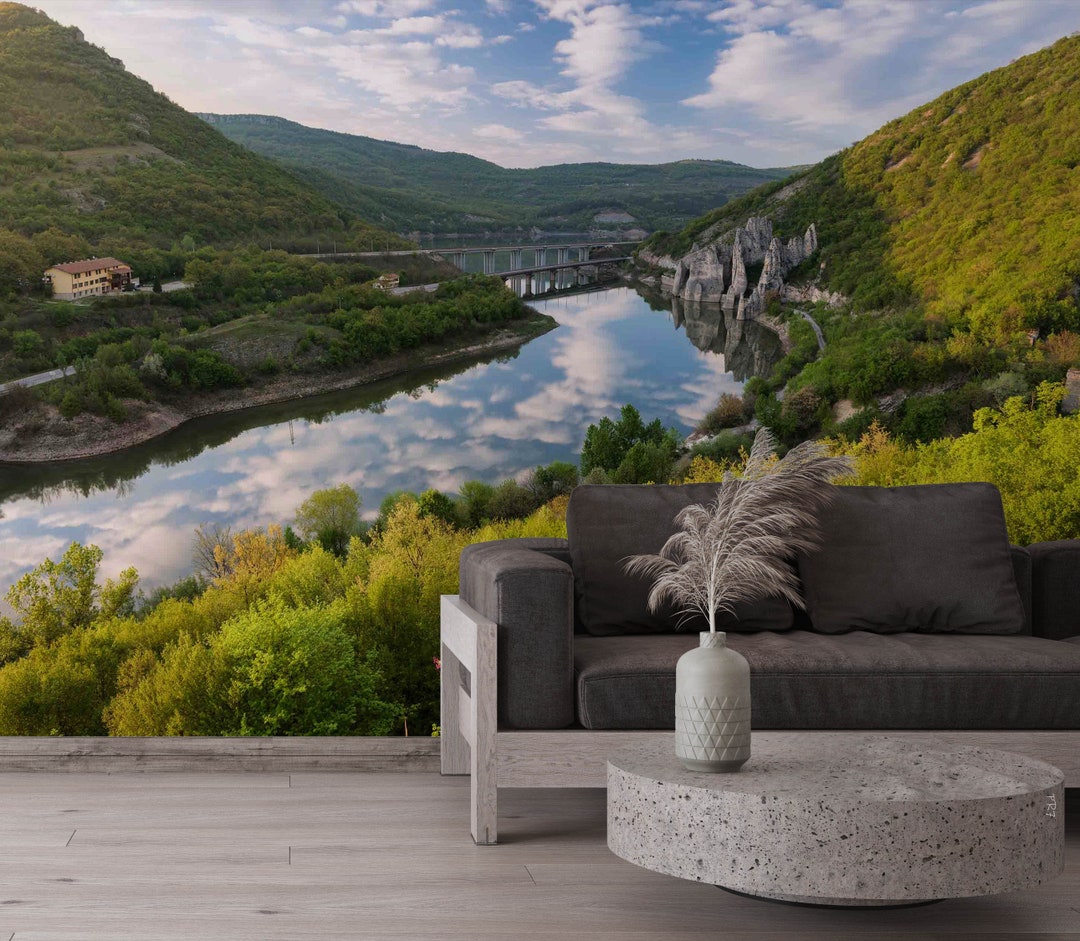 Sky Mountain River Wallpaper Mural, Peel and Stick Removable Wall Decal ...