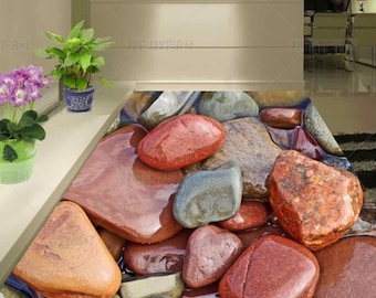 3D Colored Pebbles Vinyl Floor Mural, Self-Adhesive Floor Art