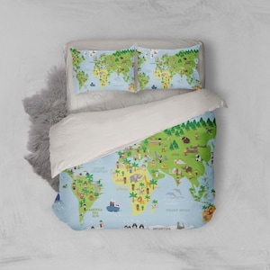 3D-Weltkarte-Bettbezug-Set, Cartoon-Bettbezug, Tier-Bettwäsche-Set, Pflanzen-Doona-Bezug, Charakter-Twin-Bettwäsche, Kinder-Bettwäsche-Set