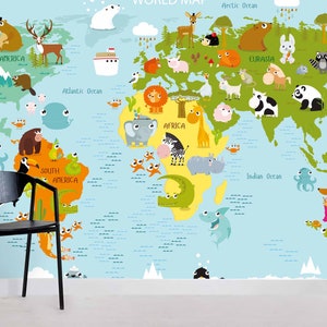3D Weltkarte Tapete, Tiere Wandbild, Cartoon Wand-Dekor, Kinder Wandkunst, Schälen und Stick, Abnehmbare Tapete, Wandaufkleber