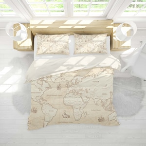 3D-Weltkarte-Bettbezug-Set, beige Bettbezug, antikes Schiff-Bettwäsche-Set, Land-Doona-Bezug, Ozean-Queen-Bettwäsche, alte King-Bettwäsche