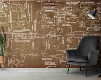 May include: A vintage blueprint of an aeroplane with detailed technical drawings and measurements. The blueprint is printed on a brown paper background and features a star on the tail of the aircraft.