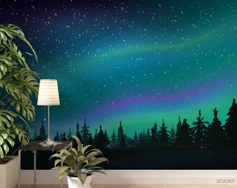 Aurora Borealis Wallpaper Mural, Starry Sky, Peel and Stick