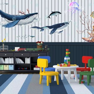3D Whale Wallpaper, Kwallen Muurschildering, Cartoon Wall Decor, Kids Wall Art, Peel and Stick, Verwisselbaar behang, Muursticker