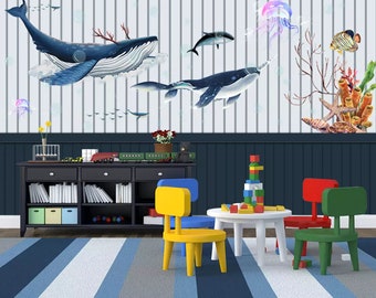 3D Whale Jellyfish Wall Mural, Kids Room Decor, Peel and Stick Wallpaper