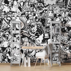 3D Graffiti Wallpaper, Zwart Witte Muurschildering, Cartoon Character Wall Decor, Abstract Wall Art, Peel and Stick, Verwisselbaar behang