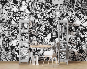 3D Graffiti Wallpaper, Black White Wall Mural, Cartoon Character Wall Decor, Abstract Wall Art, Peel and Stick, Removable Wallpaper