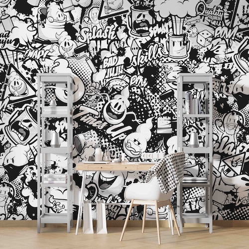 3D Graffiti Wallpaper Black White Wall Mural Cartoon - Etsy 3D Graffiti Wallpaper Black White Wall Mural Cartoon - Etsy