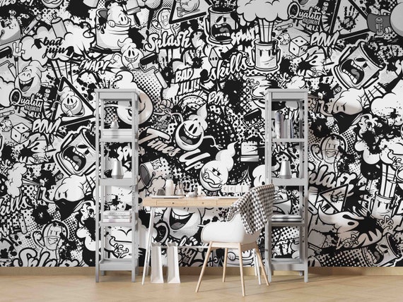 3D Graffiti Wallpaper Black White Wall Mural Cartoon - Etsy 3D Graffiti Wallpaper Black White Wall Mural Cartoon - Etsy