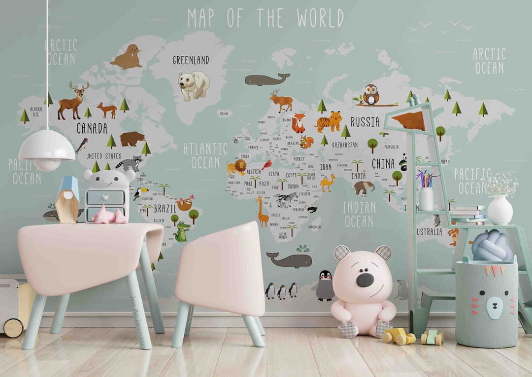 3D Kids Animal World Map Wallpaper-nursery Wallpaper Removable ...