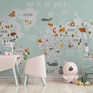 3D Kids Animal World Map Wallpaper-Nursery Wallpaper Removable Wallpaper-Peel and stick Wall Mural,Playroom Wallpaper Wall decor 78