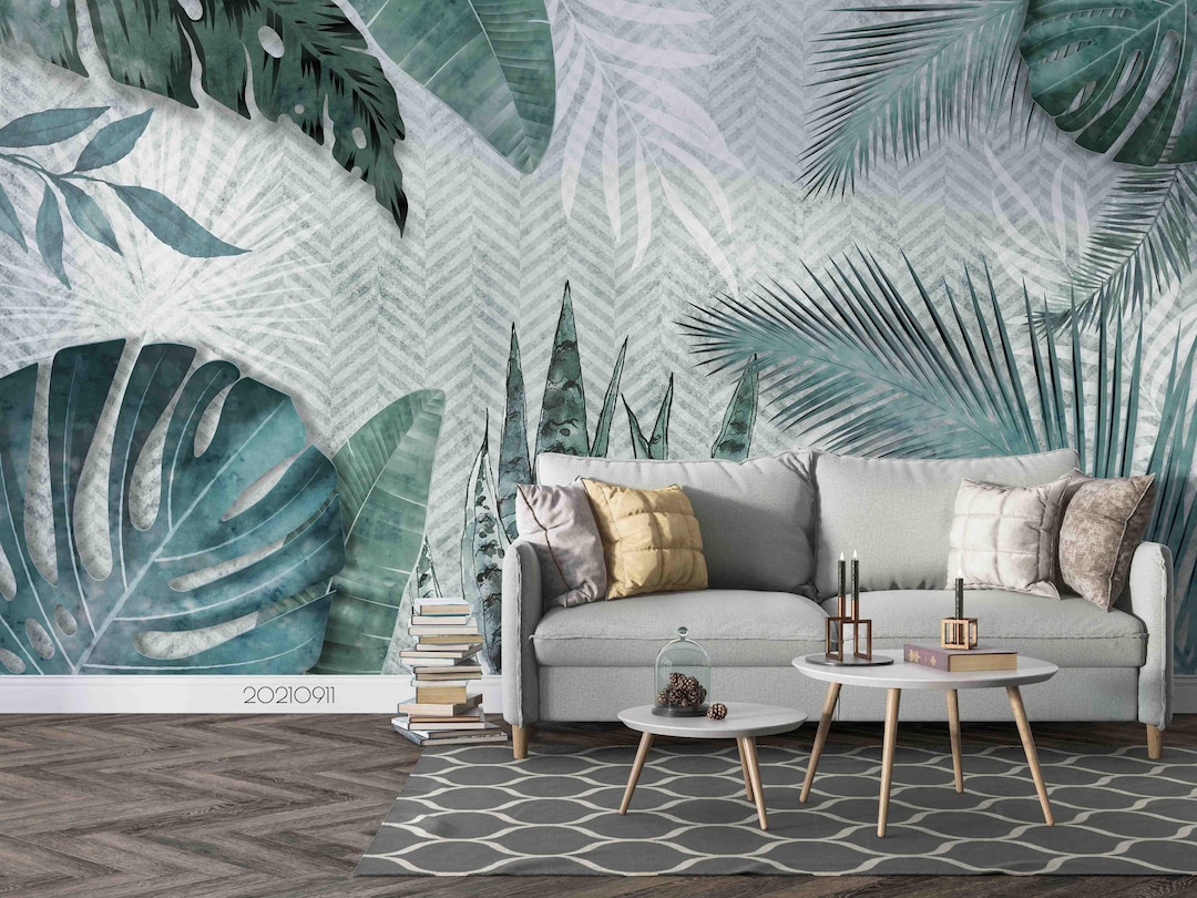 Tropical Leaves Wall Mural – Green Leaf Wallpaper, Peel and Stick - Etsy
