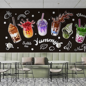 Gelato 3D, Sfondo nero, Bubble Tea, Negozio di tè al latte, Tè perlato, Arte da parete, Stacca e incolla, Carta da parati rimovibile, Adesivo da parete 13