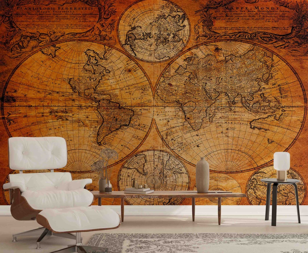 Retro World Map Wallpaper, Removable Peel and Stick Wall Mural - Etsy
