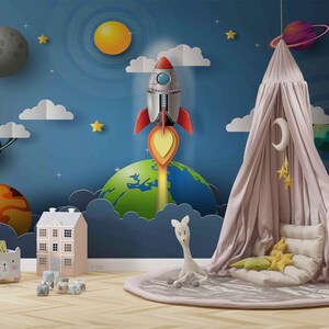 Cartoon Space Rocket Stars kids 3D Peel and Stick, Removable Wallpaper, Wall Mural, Self-adhesive Wallpaper, Wall Decals, Wallpaper Mural