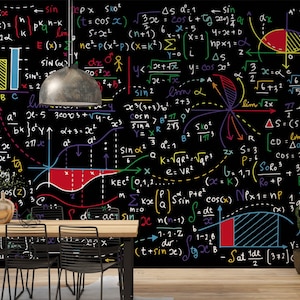 Op de afbeelding: Een zwart schoolbord met kleurrijke wiskundige vergelijkingen en grafieken. Het schoolbord is bedekt met handgeschreven vergelijkingen en diagrammen, waaronder een rood-witte grafiek, een rode cirkel en een rood-witte grafiek. Het schoolbord bevindt zich in een kamer met een houten tafel en stoelen.