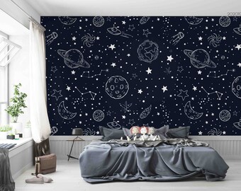 Papel pintado espacial 3D, mural de pared de estrellas, decoración de pared negra, arte de pared de dibujos animados, pelar y pegar, papel pintado extraíble, pegatina de pared