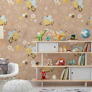 Cartoon Animal Bee Flower Kids 3D Peel and Stick, Removable Wallpaper, Wall Mural, Self-adhesive Wallpaper, Wall Decals, Wallpaper Mural