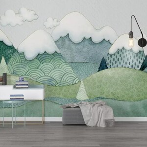 3D landschap behang, berg muur muurschildering, Cloud Wall Decor, Cartoon Wall Art, Peel en Stick, verwisselbaar behang, muursticker