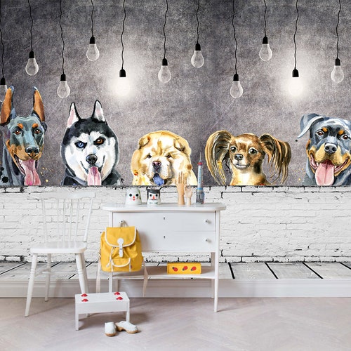 3D Cute Dog Wallpaper Cartoon Wall Mural Cement Wall - Etsy Israel