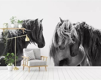 3D Horse Wallpaper, Black And White Wall Mural, Romantic Wall Decor, Old Wall Art, Peel and Stick, Removable Wallpaper, Wall Sticker
