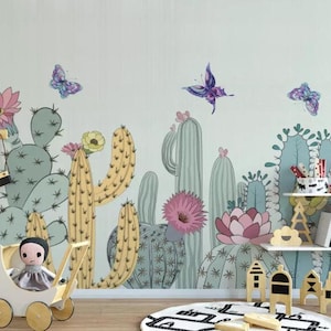 Papel pintado de cactus 3D, mural de pared de dibujos animados, decoración de pared de mariposas, arte de pared de acuarela, pelar y pegar, papel pintado extraíble, pegatina de pared