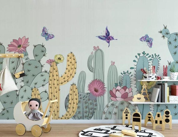 Papel tapiz de cactus 3D mural de pared de dibujos animados - Etsy México