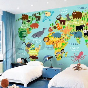 3D Weltkarte Tapete, Tiere Wandbild, Cartoon Wand-Dekor, Kinder Wandkunst, Schälen und Stick, Abnehmbare Tapete, Wandaufkleber