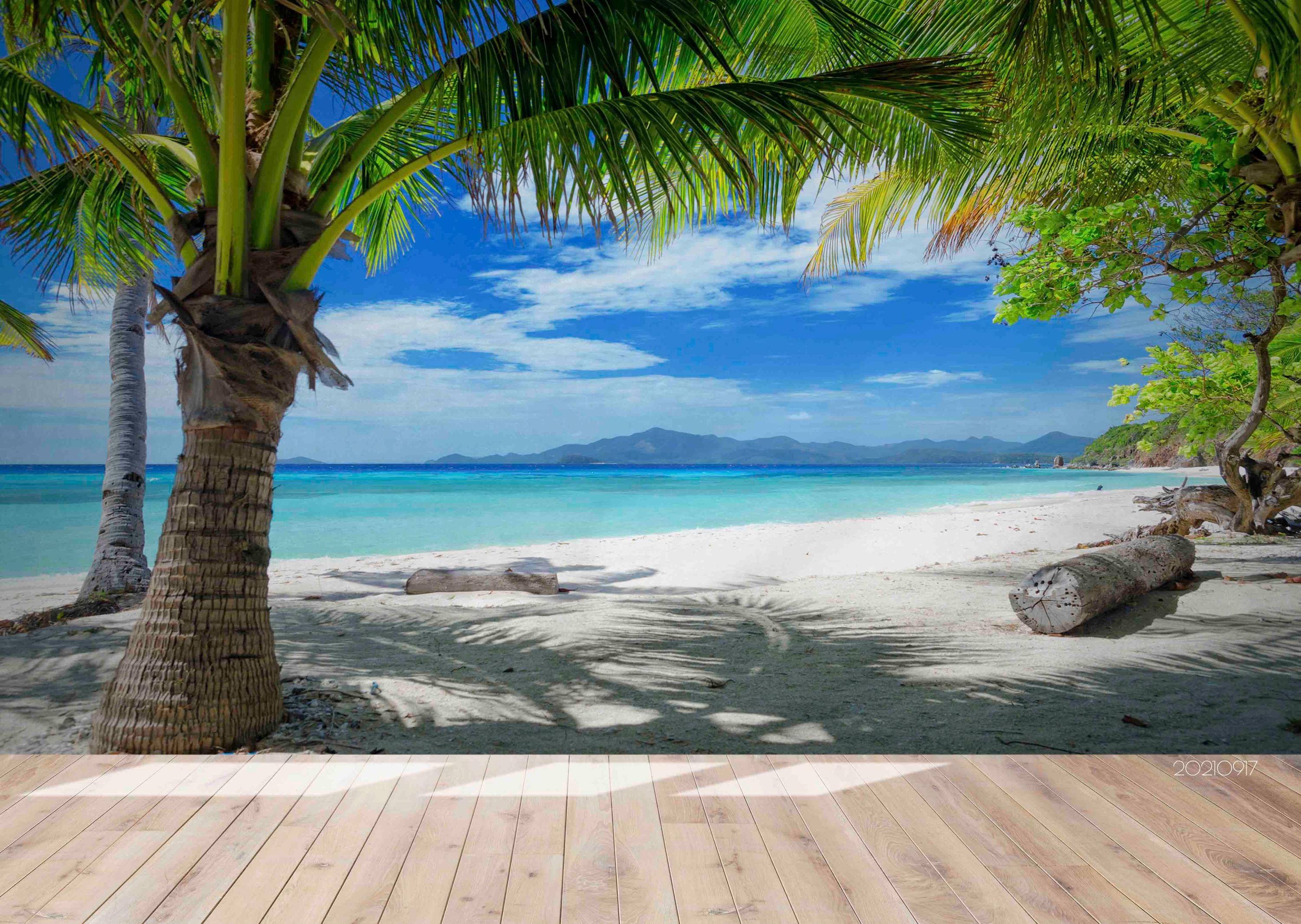 Tropical Beach Wallpaper Mural – 3D Palm Tree Seascape, Peel and Stick ...