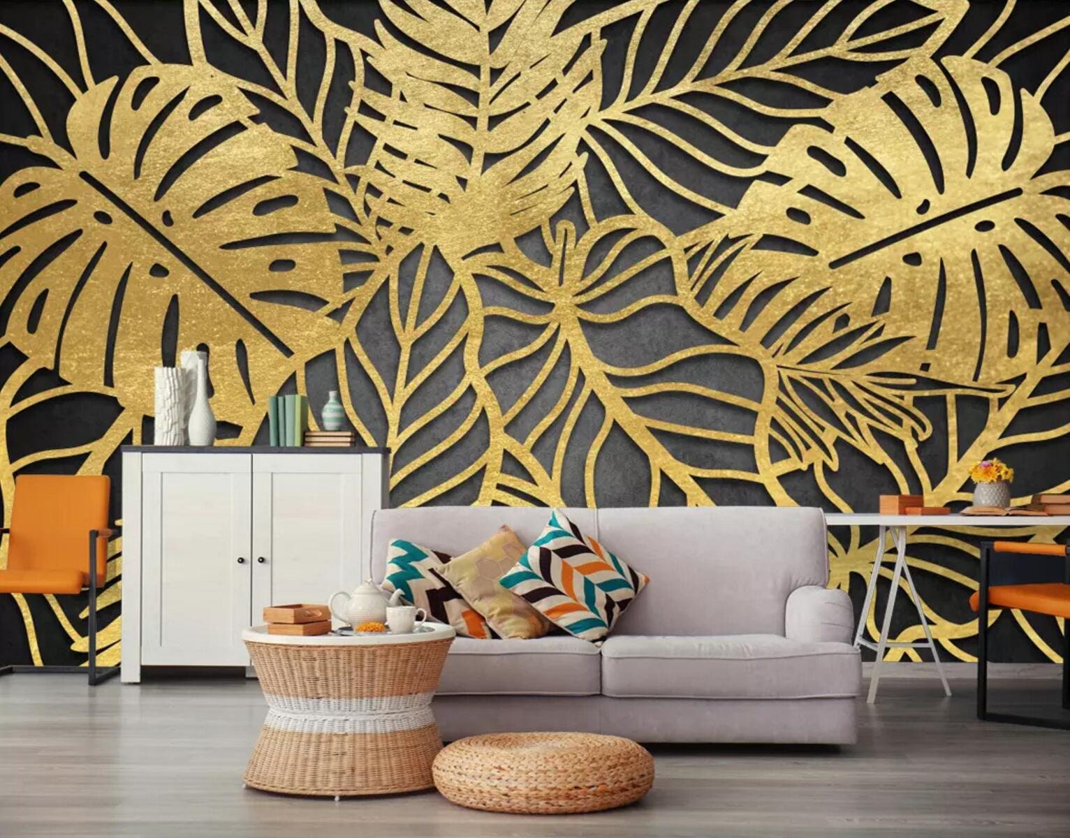 3D Abstraction Metal Gold Palm Leaf Wallpaper Removable Etsy Australia