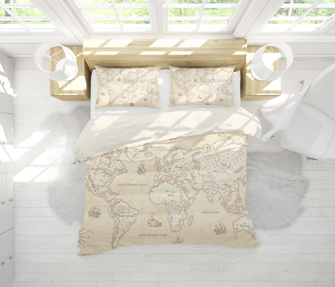 3D World Map Duvet Cover Set, Beige Parchment Bedding - Etsy