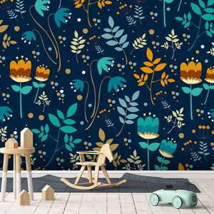 3D bloemenbehang, bladmuurschildering, donkerblauw wanddecor, cartoon kunst aan de muur, Peel and Stick, verwisselbaar behang, muursticker