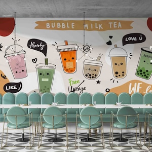 3D Cartoon, Bubble Tea, Milk Tea Shop, Pearl Tea, Wall Art, Peel and Stick, Removable Wallpaper, Wall Sticker 41