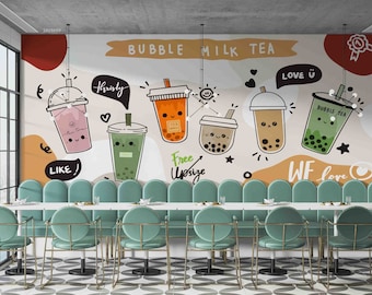 3D Cartoon, Bubble Tea, Milk Tea Shop, Pearl Tea, Wandkunst, Schälen und Aufkleben, abnehmbare Tapete, Wandaufkleber 41