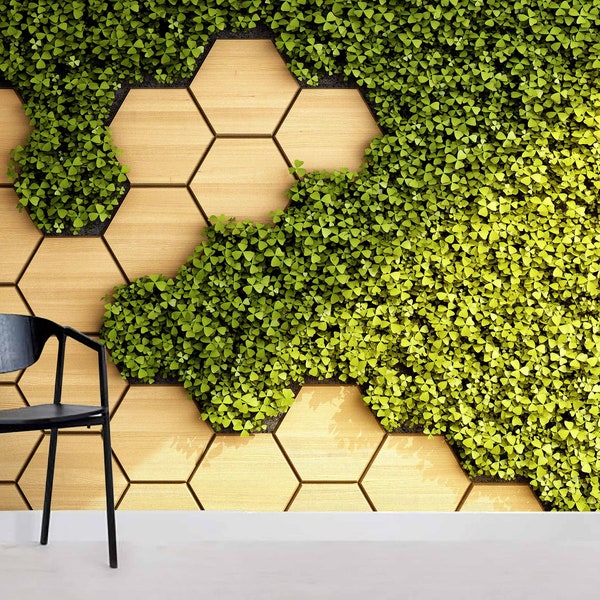 3D Hexagon Wallpaper, Wood Grain Wall Mural, Green Vegetation Wall Decor, Geometric Wall Art, Peel and Stick, Removable Wallpaper