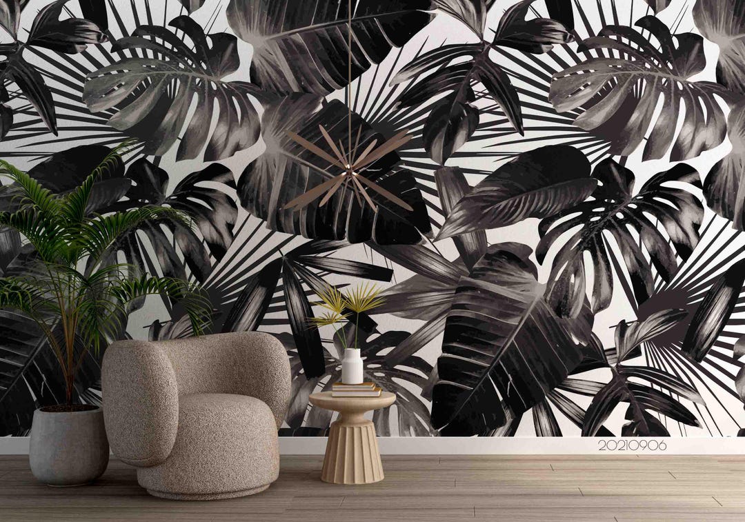Black Tropical Leaves Wall Mural – Peel and Stick Wallpaper - Etsy