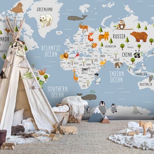 3D World Map Wallpaper, Animal Wall Mural, Cartoon Wall Decor, Kids Wall Art, Peel and Stick, Removable Wallpaper, Wall Sticker