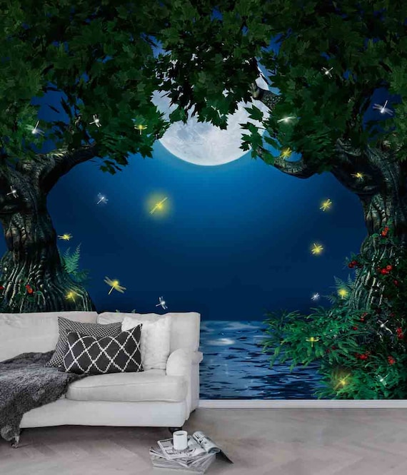 3D Night Landscape Wallpaper, Old Tree, Moon, Dragonfly Wall Decal