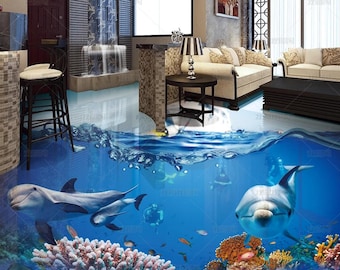 3D Underwater World Dolphin Vinyl Floor Mural, Self-Adhesive Art